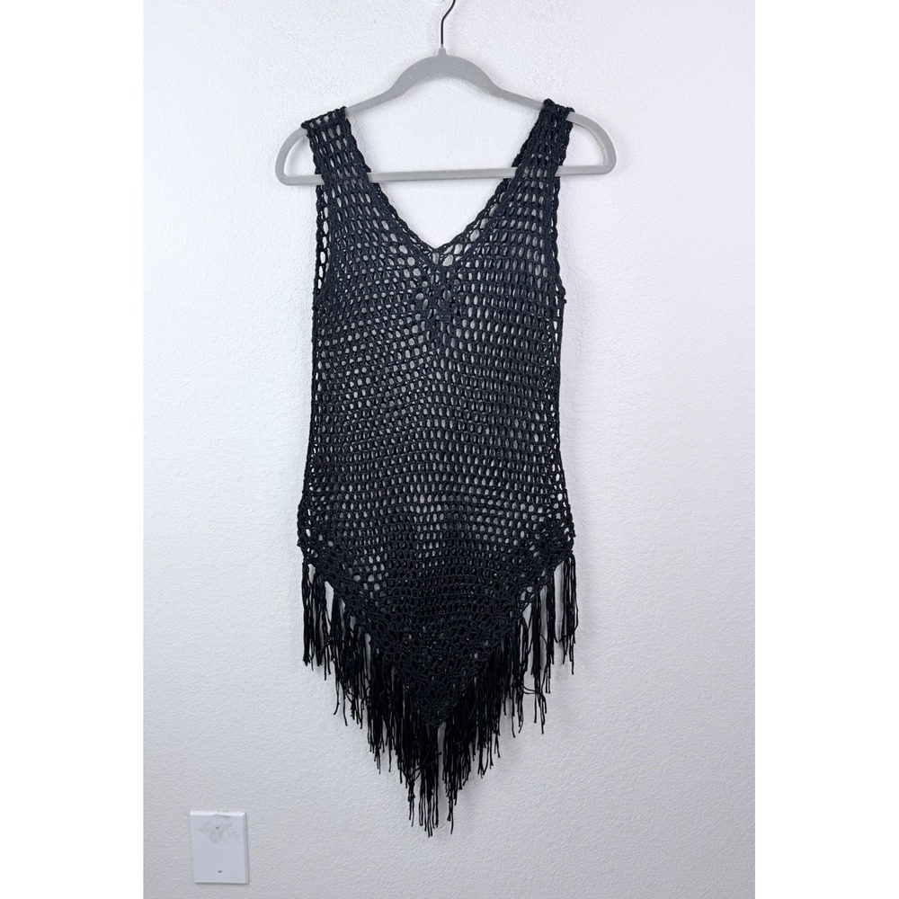 Crochet Fringe Cover Up Top S/M Black Open Knit Boho Festival Swimwear Layering